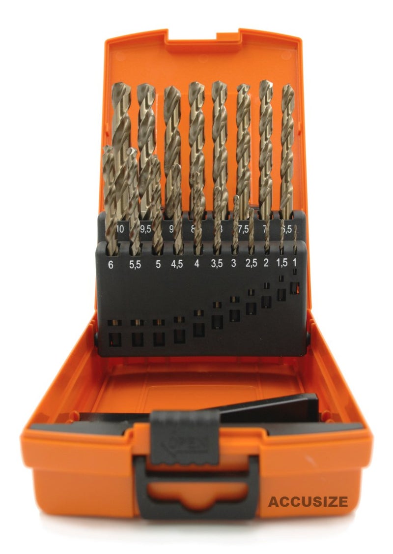 Accusize Industrial Tools M35 H.S.S. Plus 5% Cobalt Metric Drill Set, 135 Deg Split Point, 1 to 10mm by 0.5mm in Plastic Box, 3110-1119